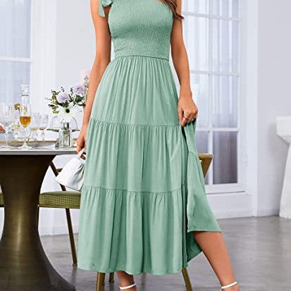 2026 New Summer Fashion Women's One-shoulder Pleated Layered Hem Split Dress